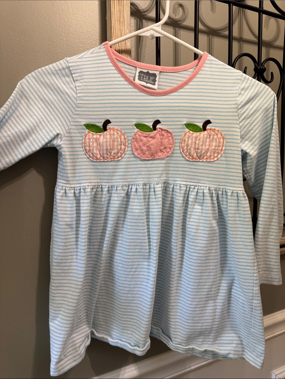 Girls' Light Blue Striped Pumpkin Applique Top 6X fall True